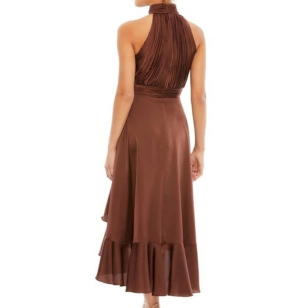 Mac Duggal Formal Tea-Length Dress 14 Cocoa Brown Asymmetric Pleated Ruffle NWT - Picture 3 of 16